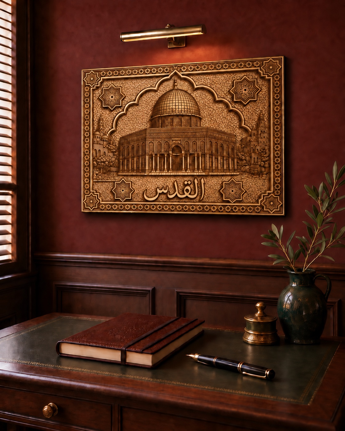Dome of the Rock panel displayed in a burgundy study.