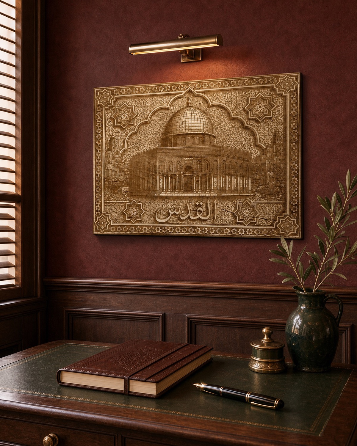 Dome of the Rock panel displayed in a burgundy study.