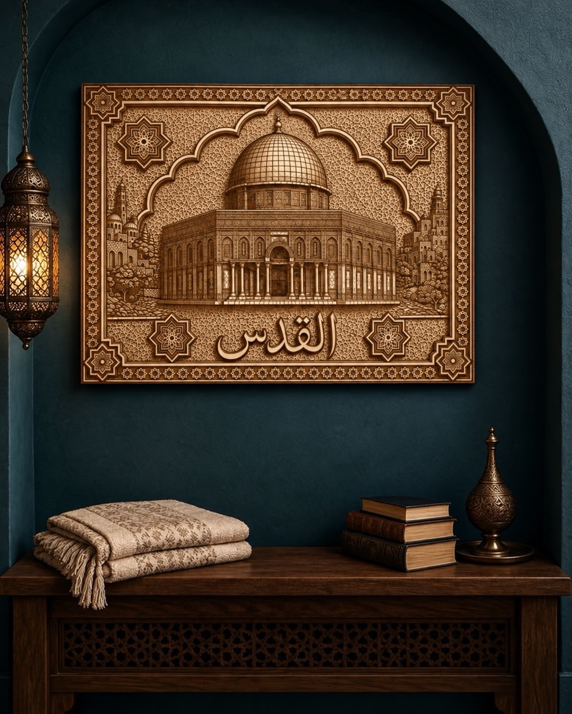 Dome of the Rock birch panel in a deep teal alcove.