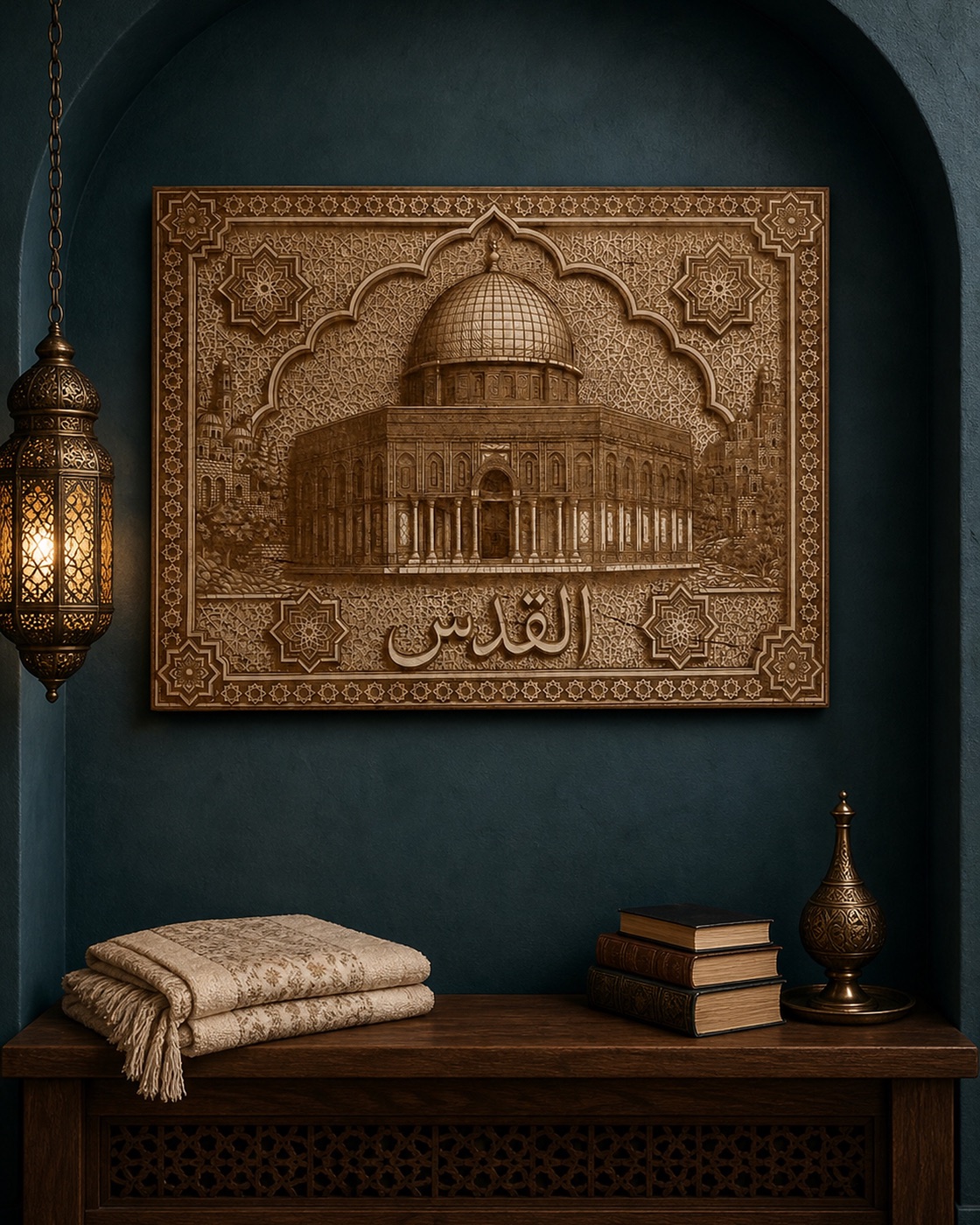 Dome of the Rock birch panel in a deep teal alcove.