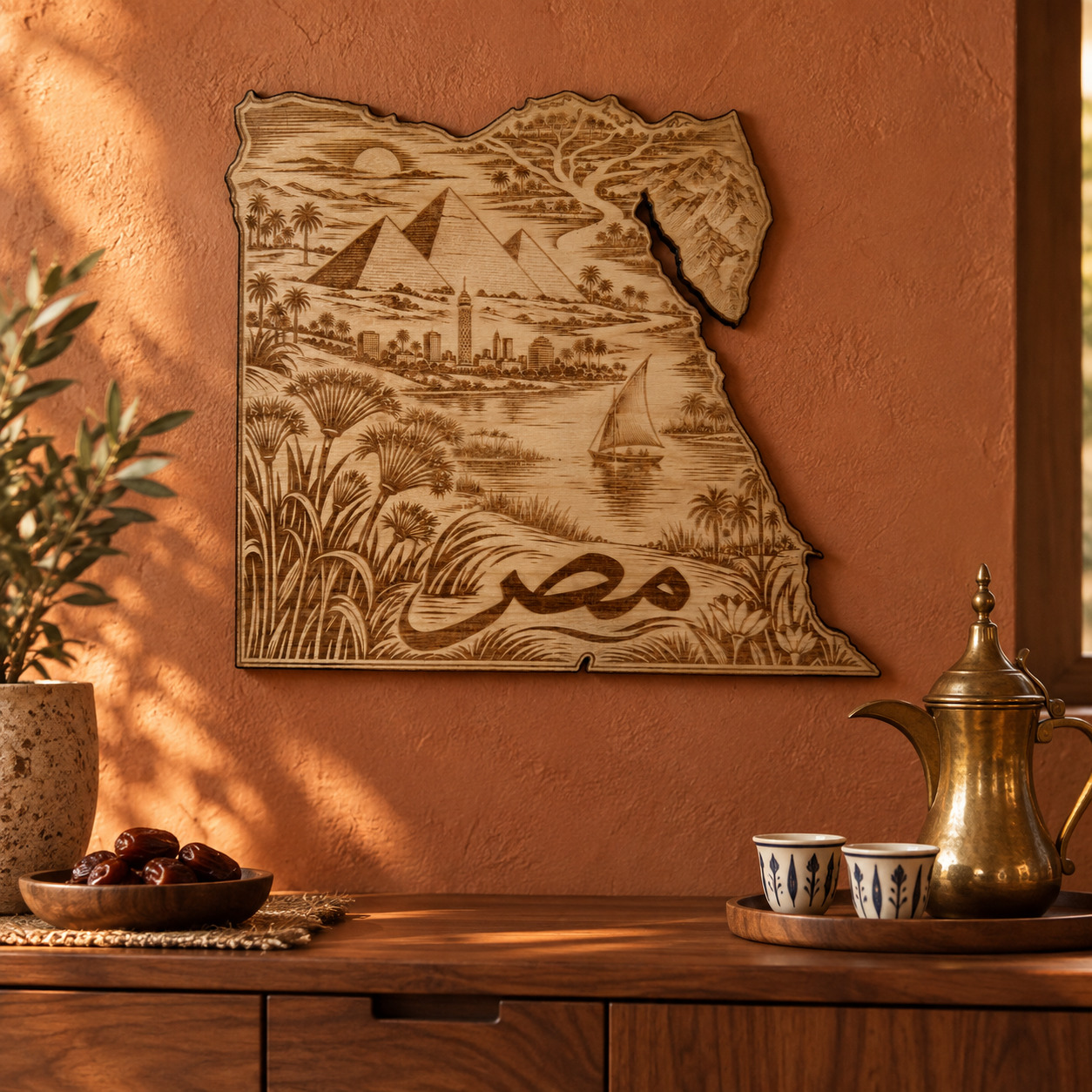Room visualization of Egypt · River & Pyramids; styling shown is illustrative.