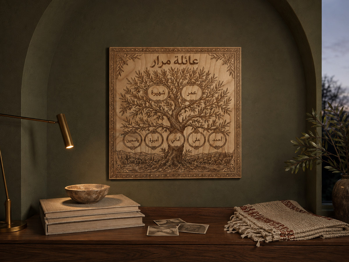 Personalized family tree displayed in a deep olive family archive.