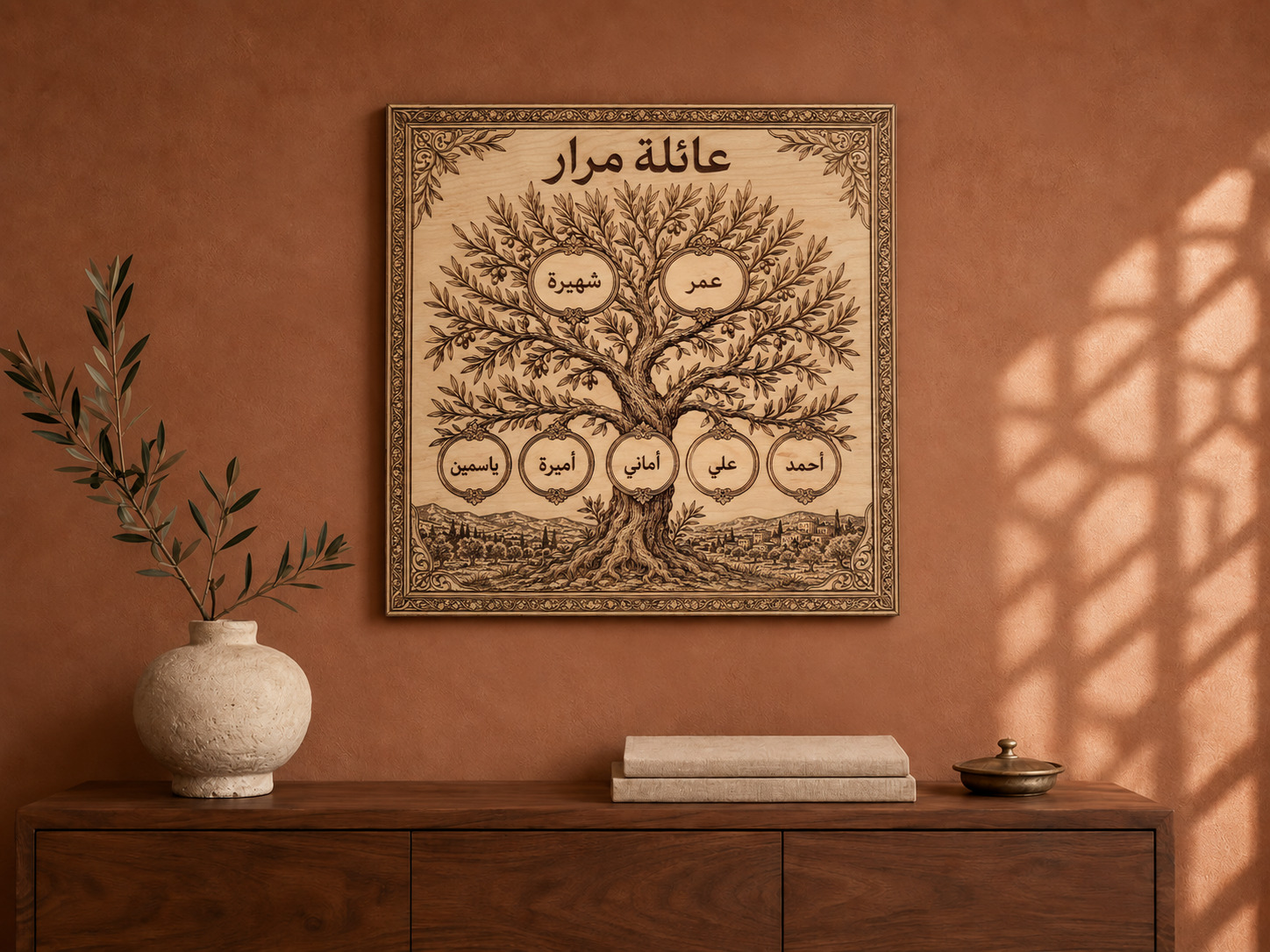 Arabic personalized Family Tree wall art — terracotta hero.