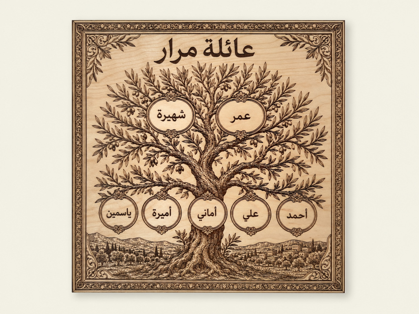 Arabic personalized Family Tree wall art — straight front.