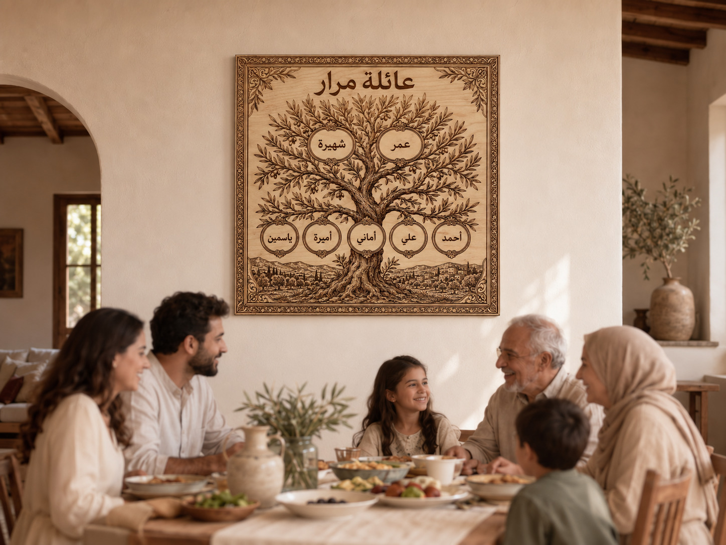 Arabic personalized Family Tree wall art — family gathering.