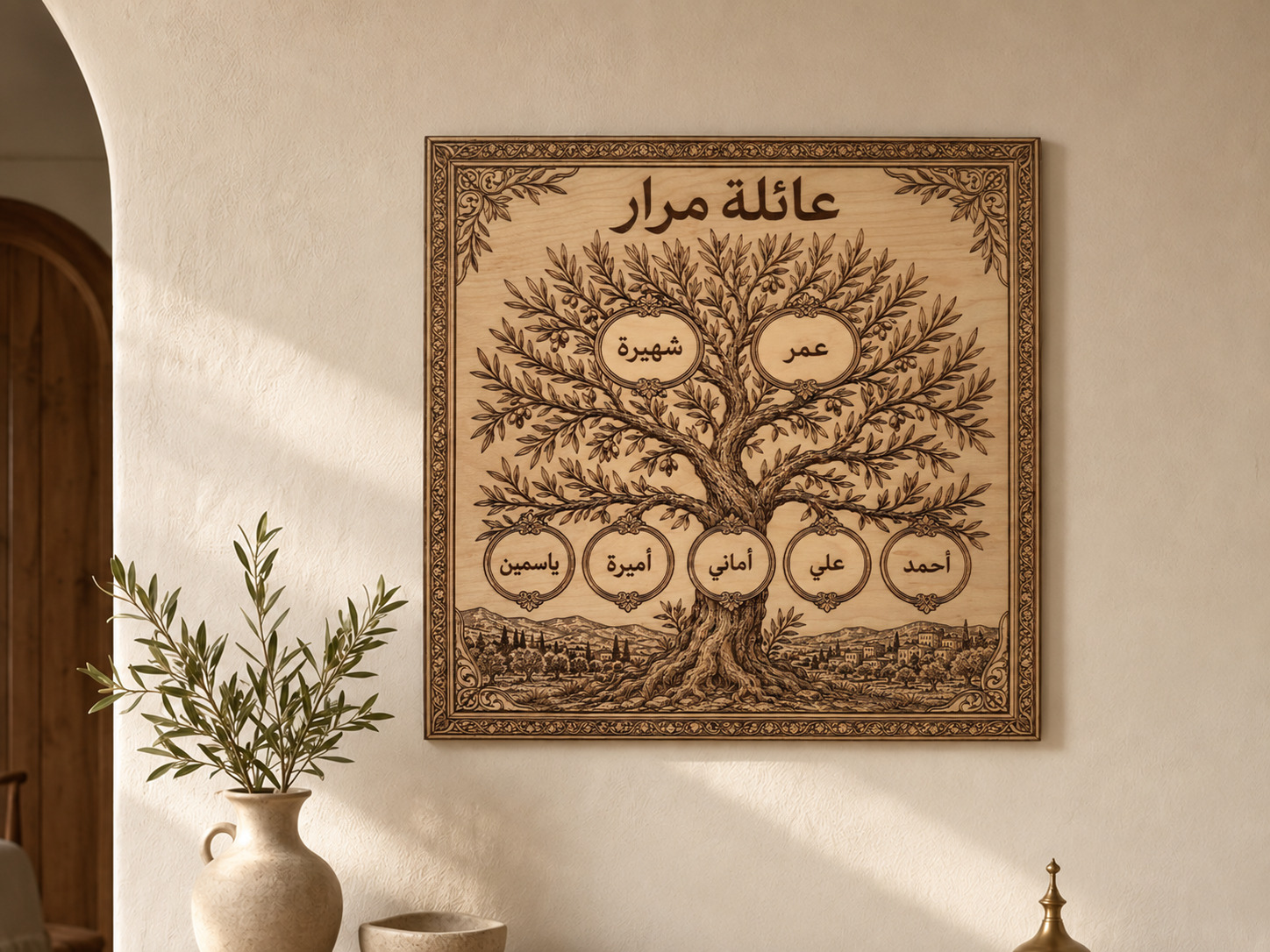 Arabic personalized Family Tree wall art — heritage entryway.