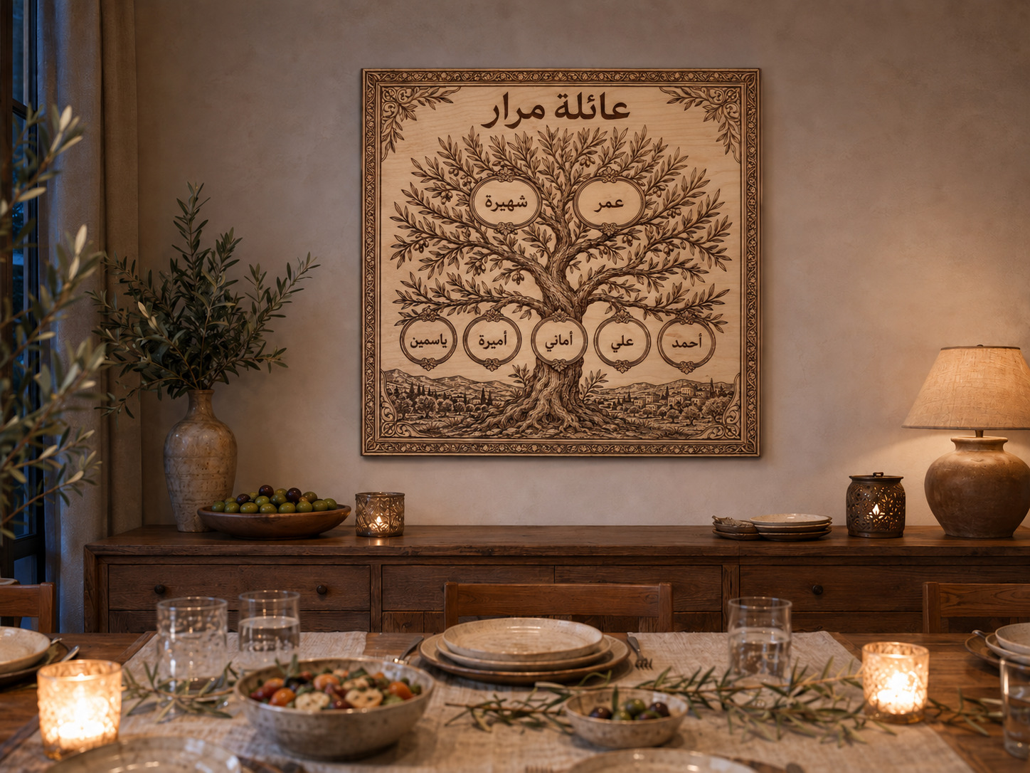 Arabic personalized Family Tree wall art — family table dusk.