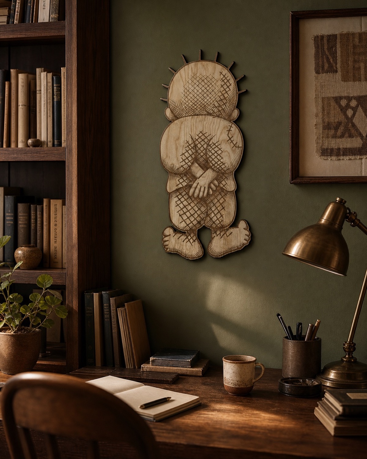 Handala wall art displayed in a warm olive study.