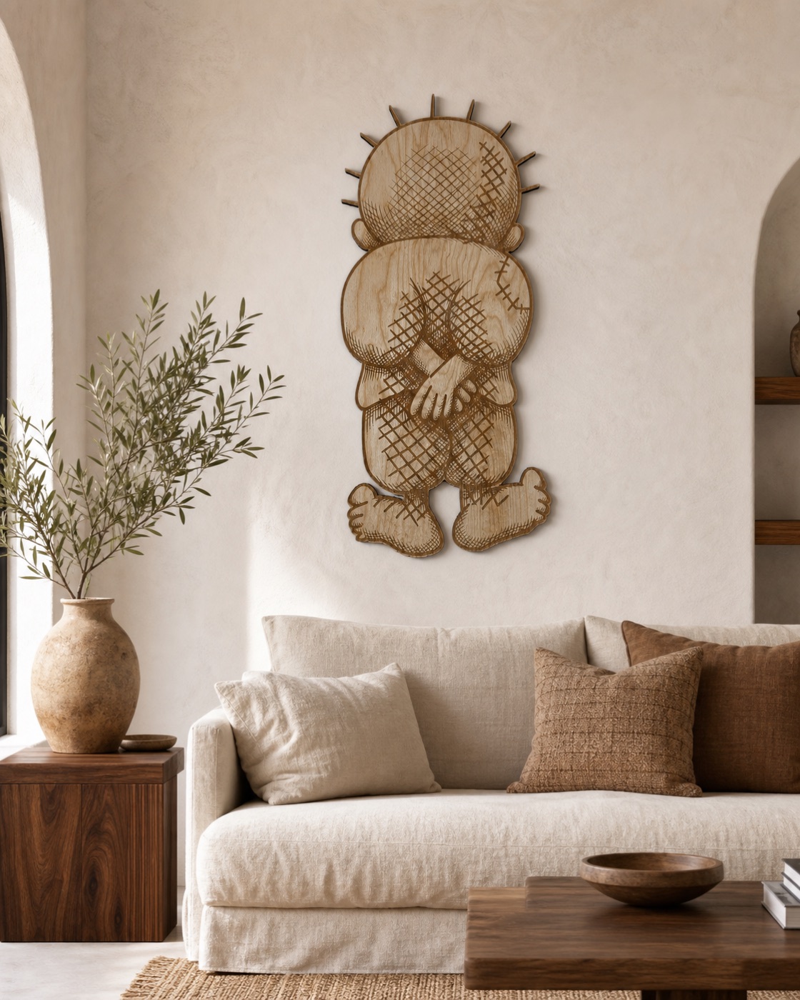 Handala wooden wall art in a warm neutral living room.