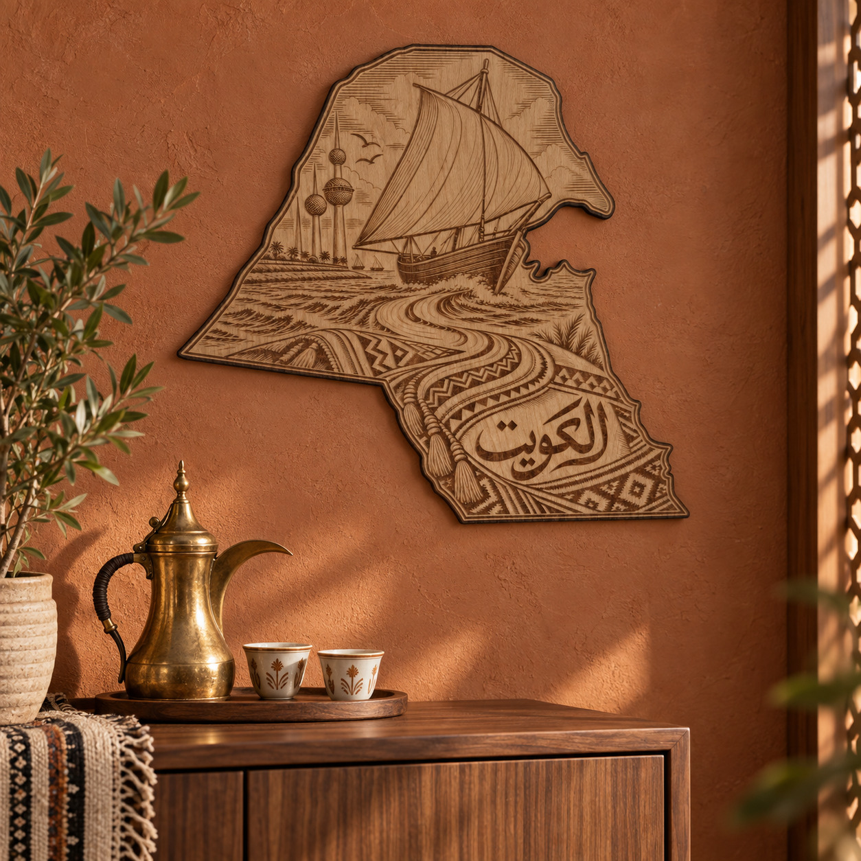 Room visualization of Kuwait · Sea & Woven Heritage; styling shown is illustrative.