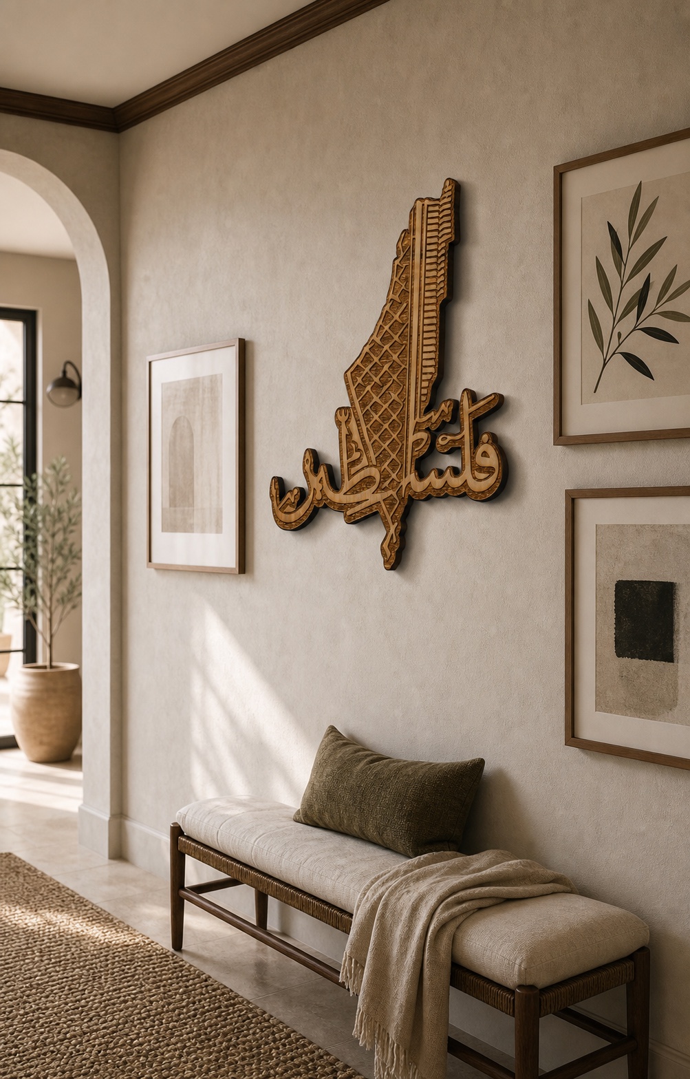 Palestine calligraphy wall art displayed in a sunlit gallery hallway.