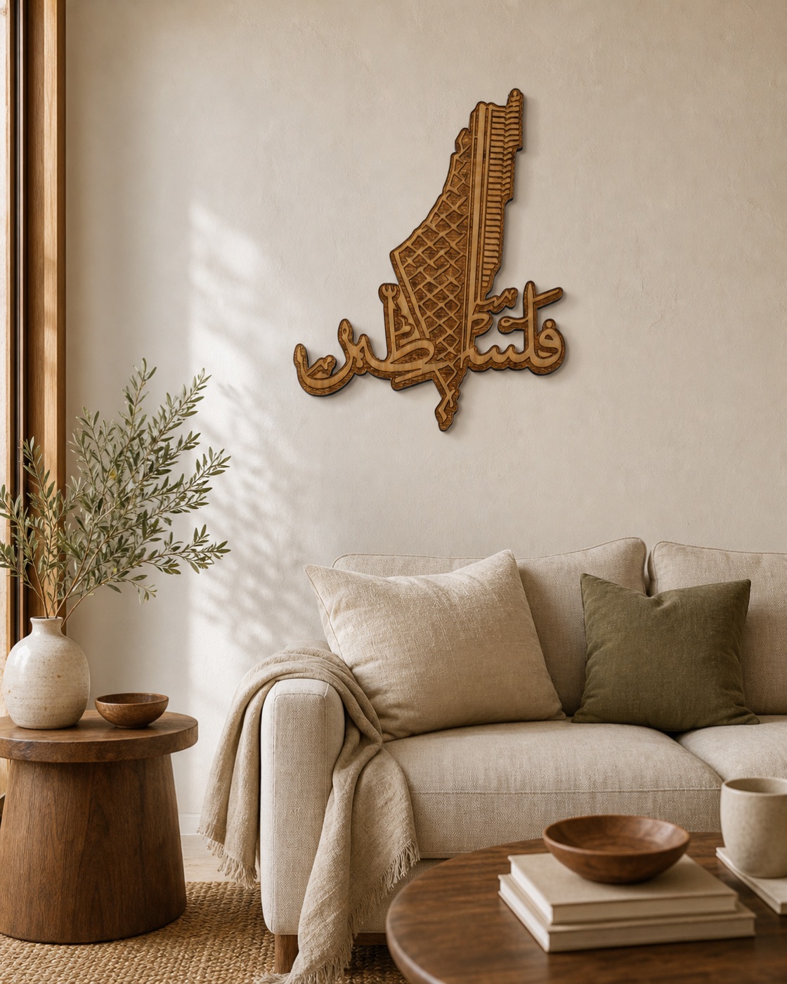 Palestine calligraphy map wooden wall art above a sofa.
