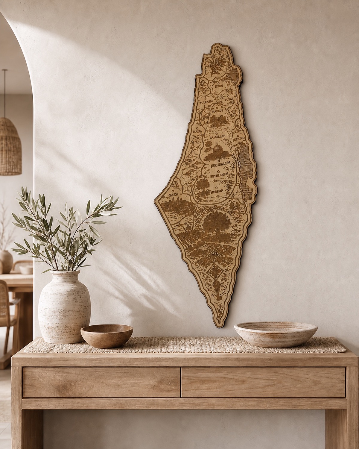 Illustrated Palestine map displayed above a sunlit entry console.