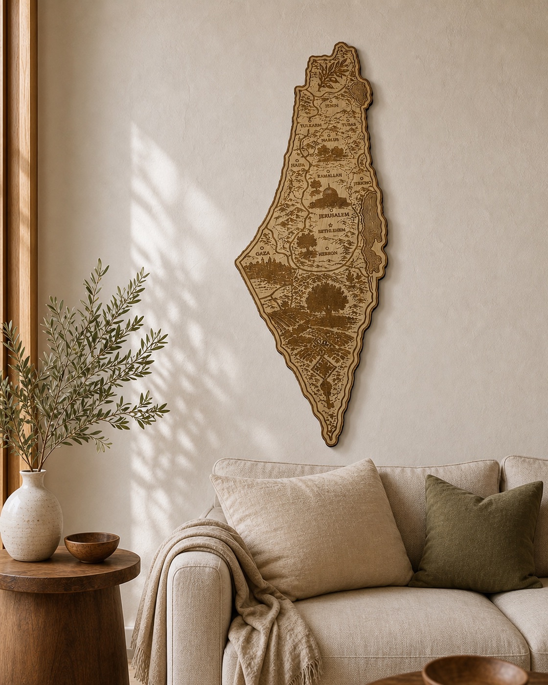 Illustrated Palestine map wall art above a neutral sofa.