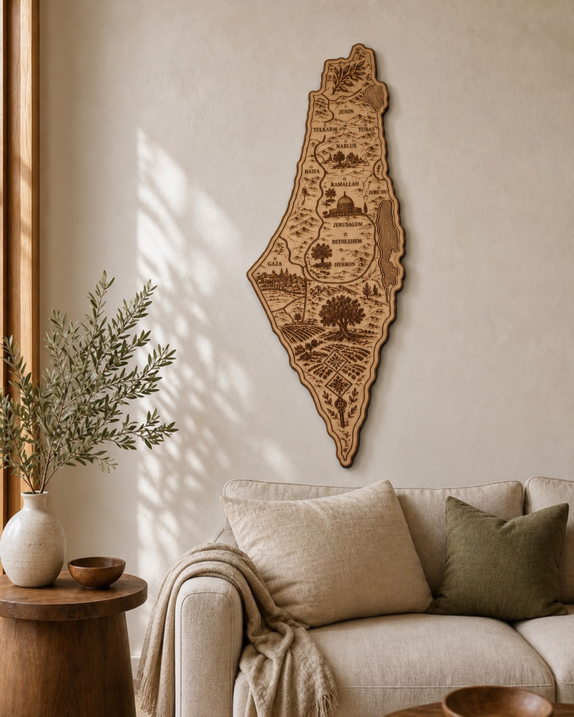 Illustrated Palestine Map wood wall art — living room hero.