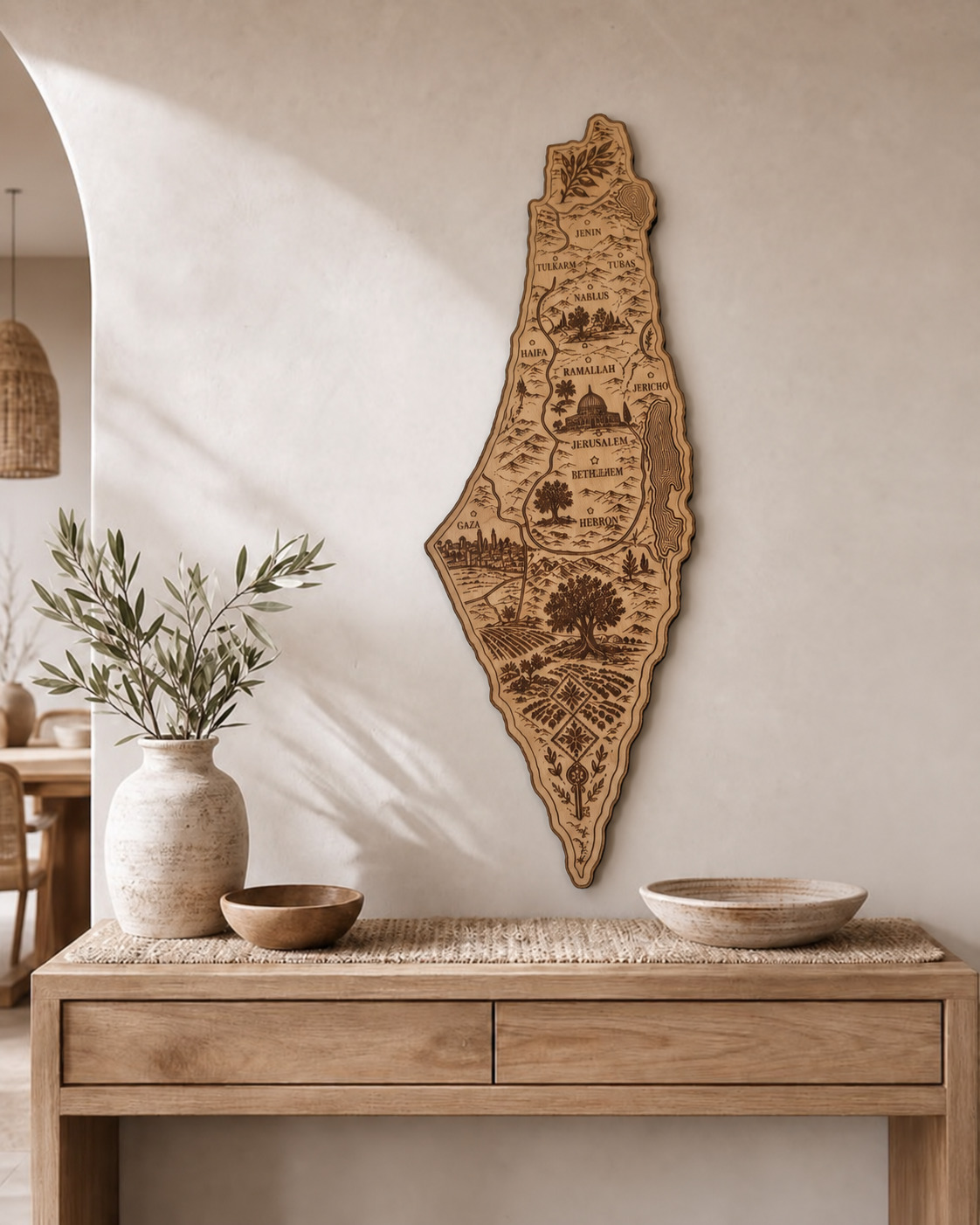 Illustrated Palestine Map wood wall art — entry console.