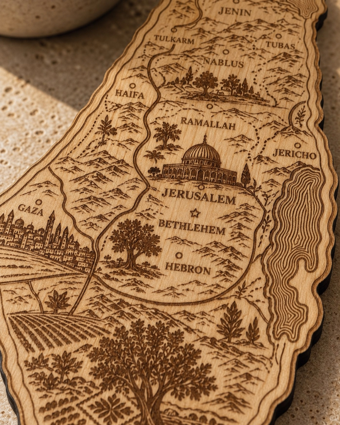 Illustrated Palestine Map wood wall art — craftsmanship closeup.
