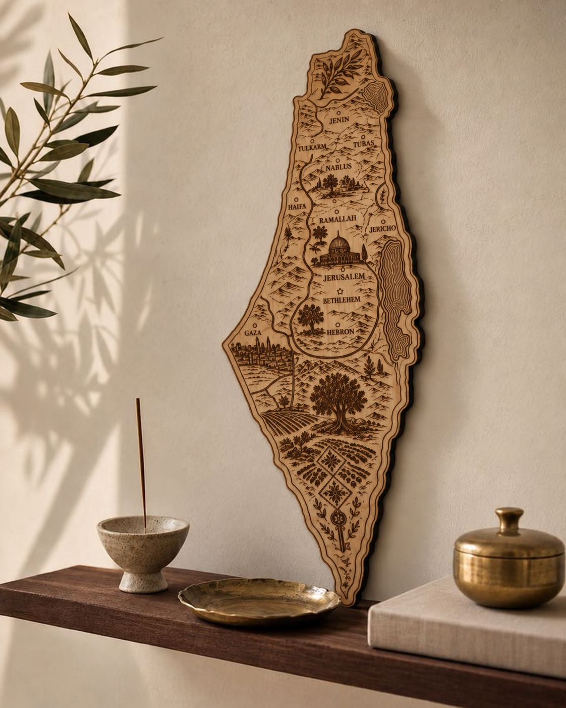 Illustrated Palestine Map wood wall art — shelf detail.