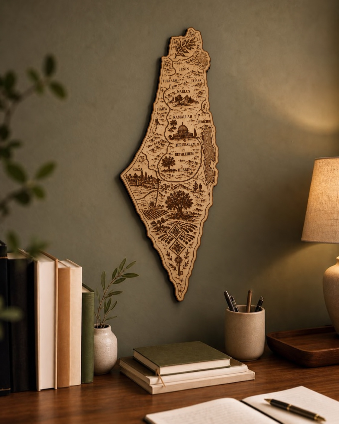 Illustrated Palestine Map wood wall art — home office.
