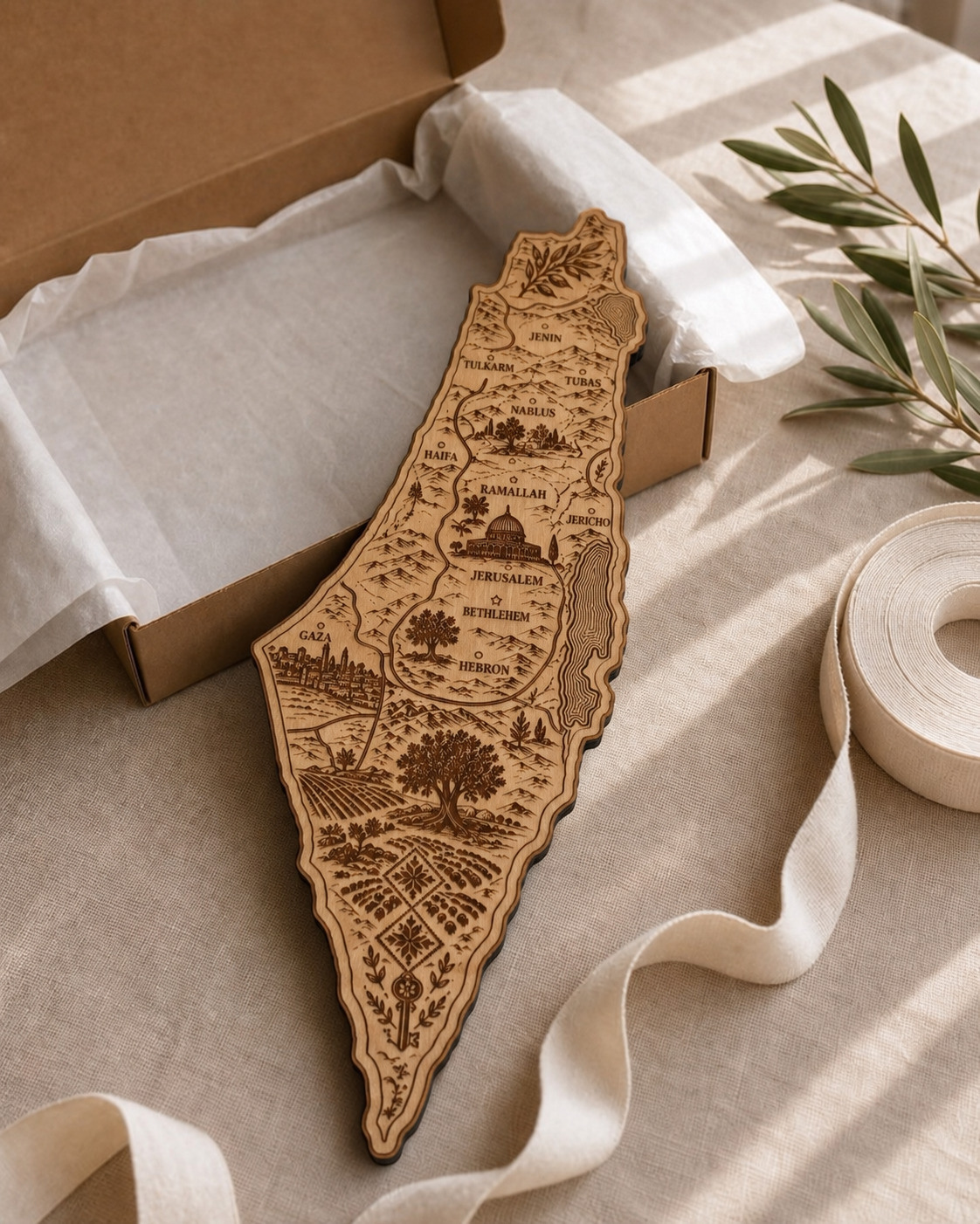 Illustrated Palestine Map wood wall art — gift presentation.