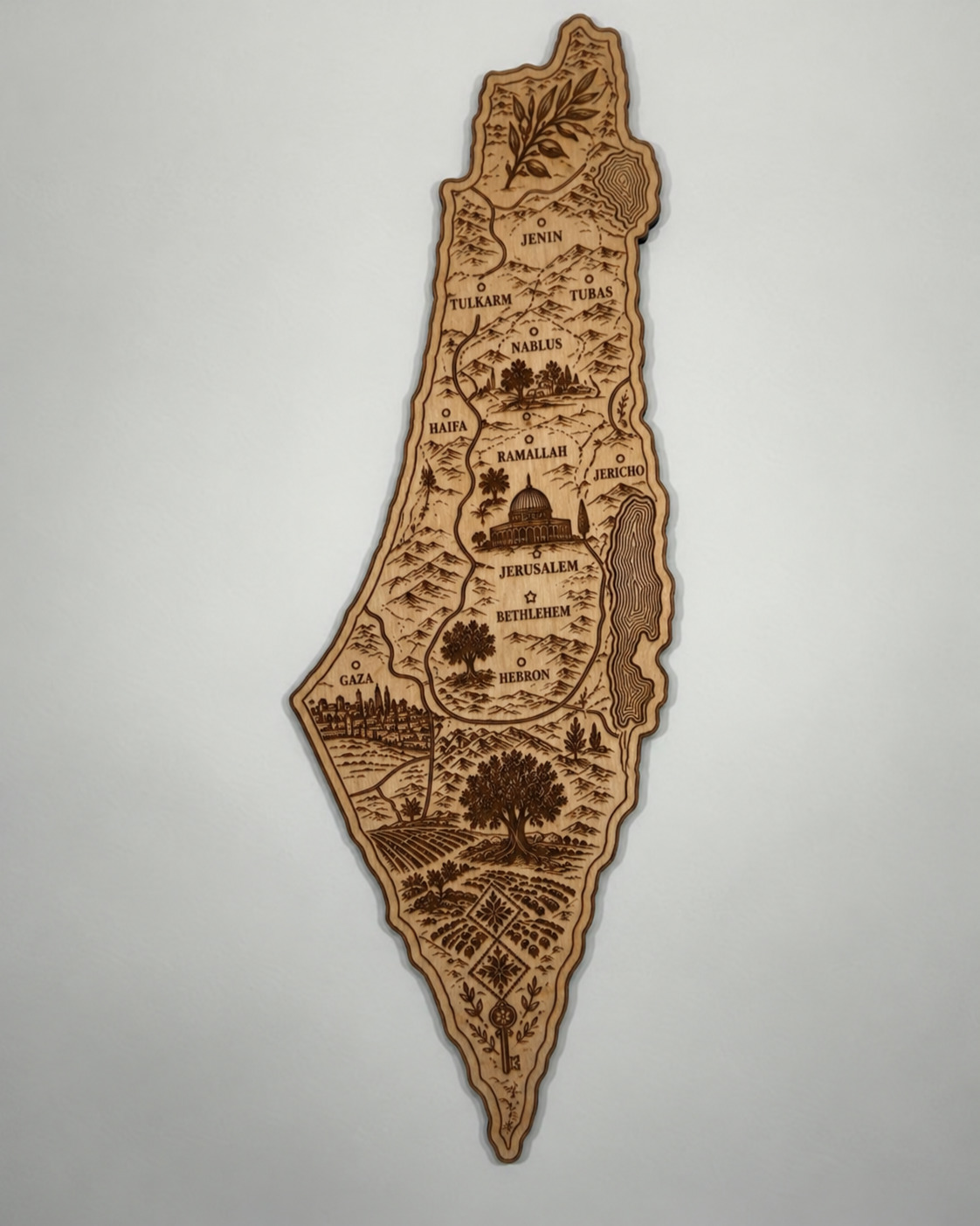Illustrated Palestine Map wood wall art — real front view retouched 20260913.