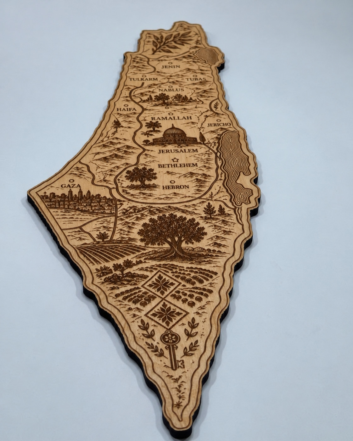 Illustrated Palestine Map wood wall art — real three quarter view retouched 20260913.