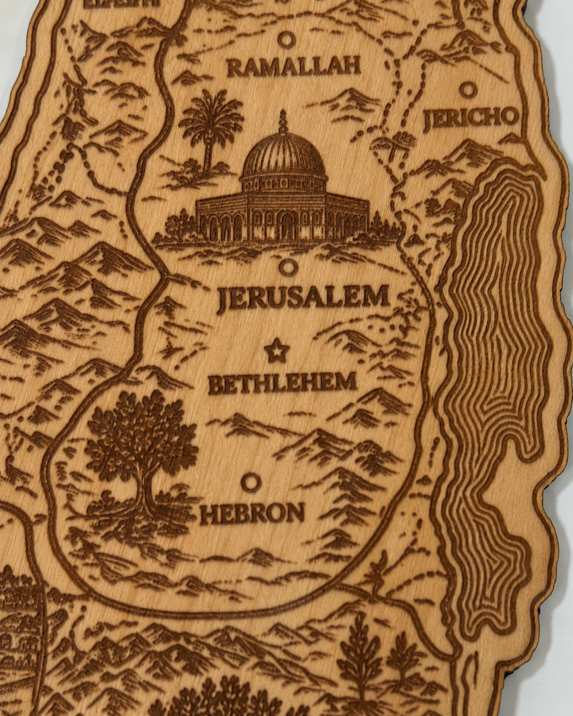 Illustrated Palestine Map wood wall art — real engraving detail retouched 20260913.