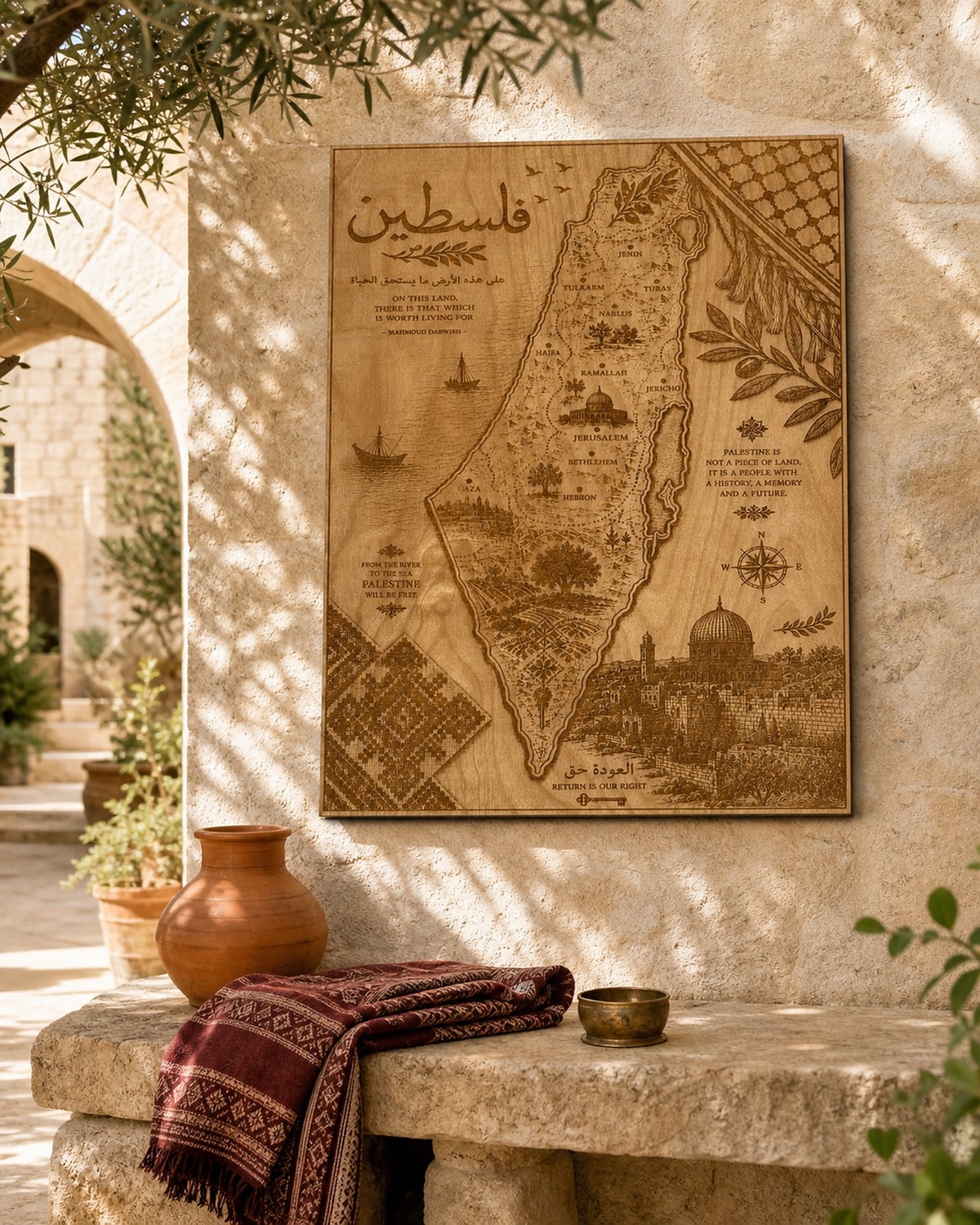 Palestine heritage panel displayed in a limestone courtyard.