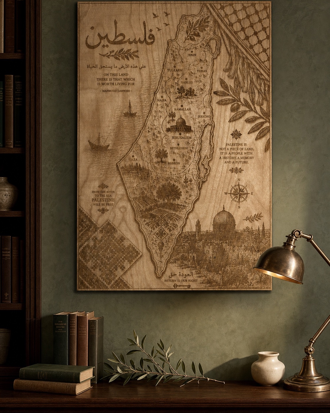 Illustrated Palestine wall panel displayed in an olive library.