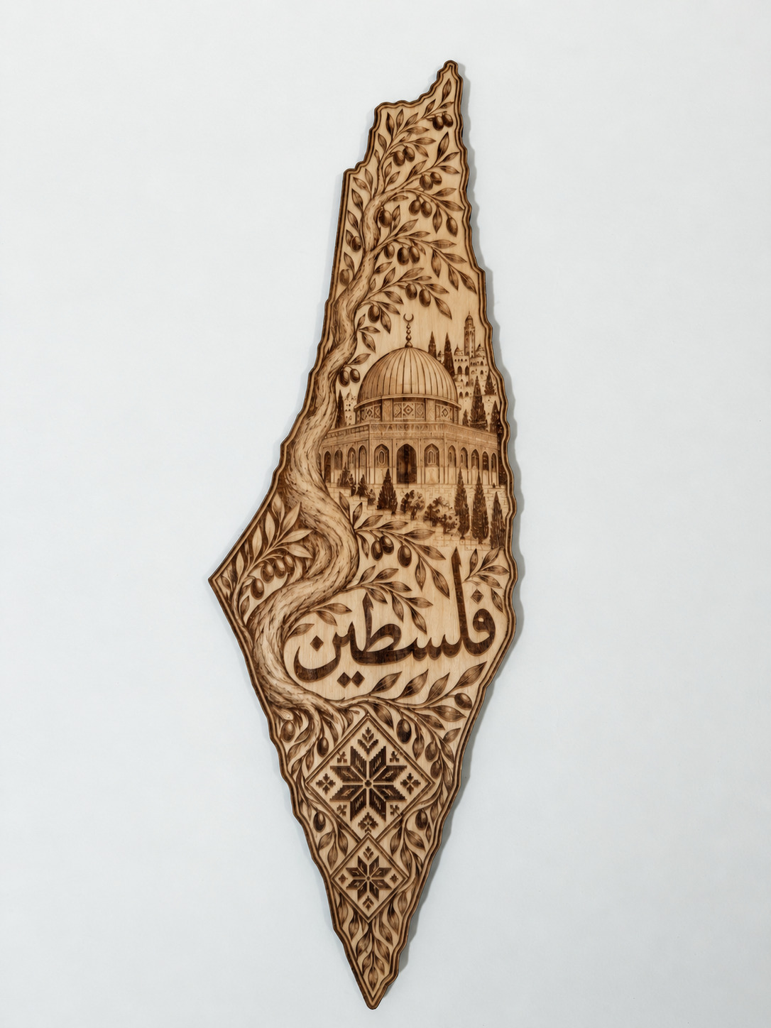 Front photograph of Palestine · Rooted in Heritage, with background and lighting retouched.