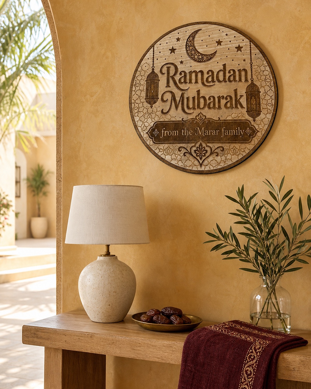 Personalized Ramadan sign displayed in a saffron entryway.