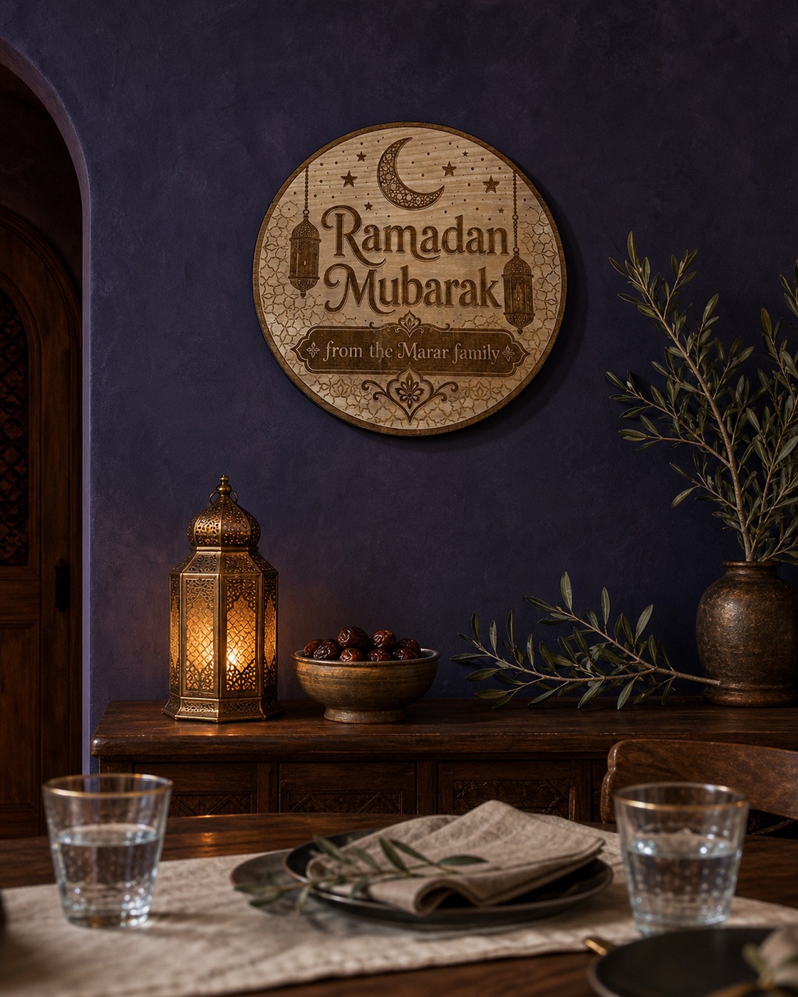 Personalized Ramadan Mubarak wall sign in a candlelit dining room.