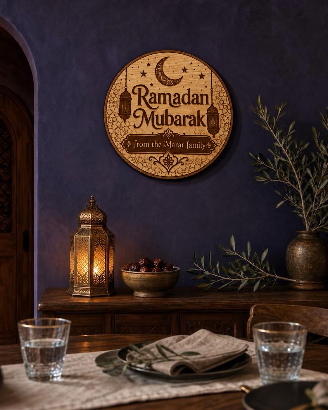 Personalized Ramadan Mubarak wall sign in a candlelit dining room.