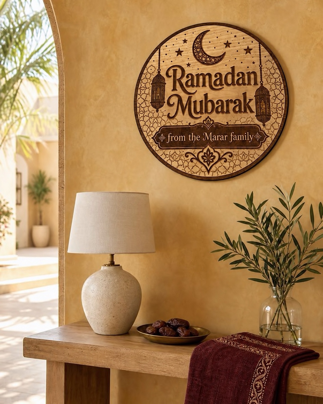 Personalized Ramadan sign displayed in a saffron entryway.