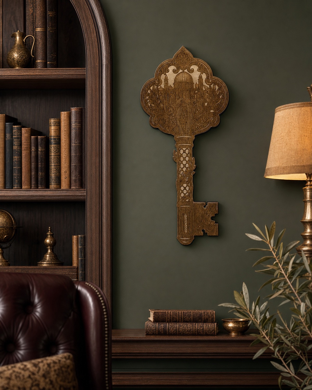 Key of Return wall art displayed in a forest green library.