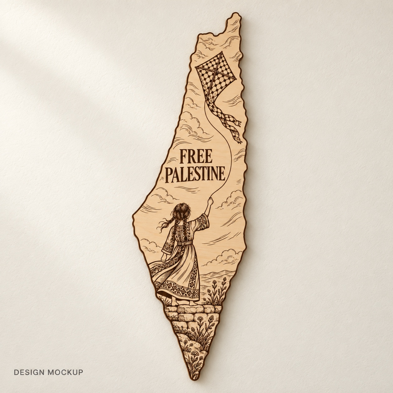 Styled room visualization of The Sky Is Ours Palestine map wood wall art.