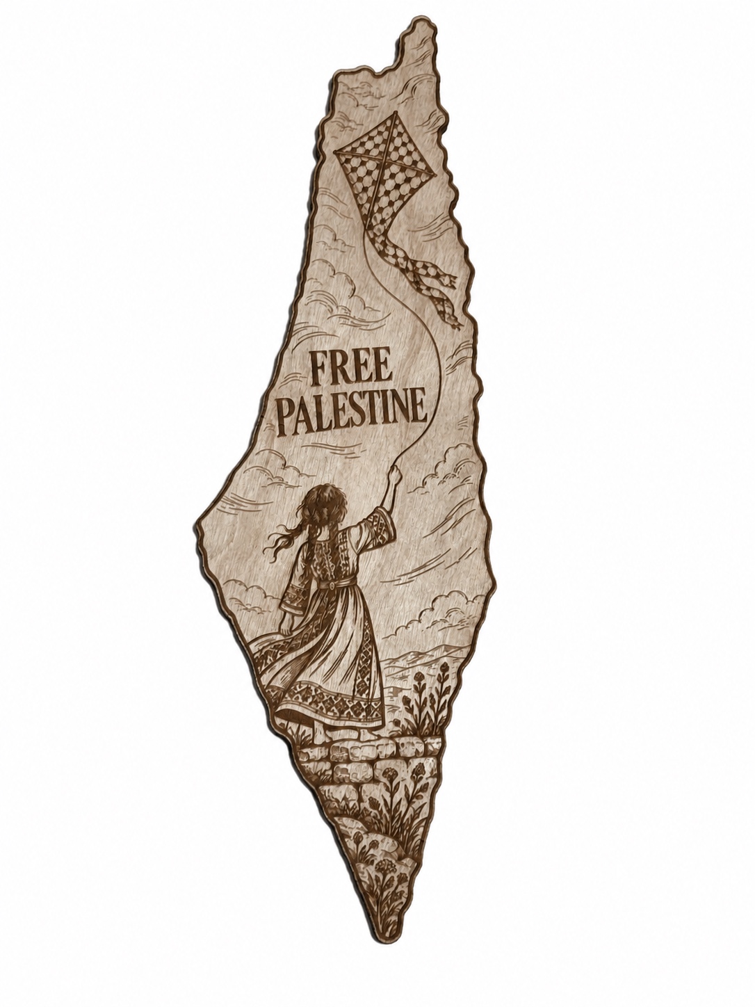 Full view of the wooden Palestine map with a girl, keffiyeh kite and FREE PALESTINE engraving on a white background.