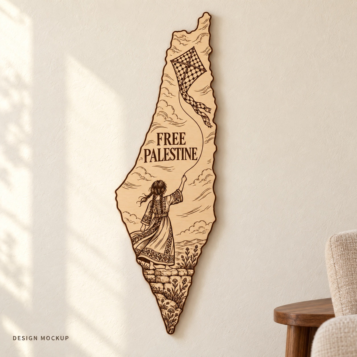 Alternative styled interior visualization of The Sky Is Ours wooden Palestine map.