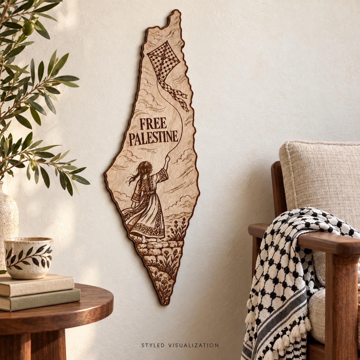 Styled visualization of The Sky Is Ours Palestine artwork beside a reading chair draped with a black-and-white keffiyeh, books and olive branches.