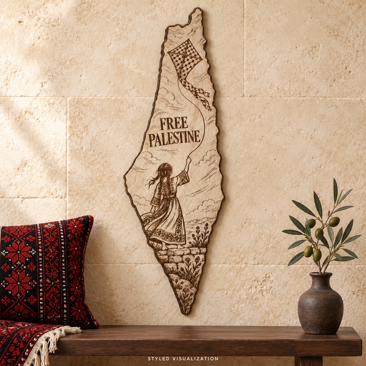 Styled visualization of the Free Palestine girl-and-kite wooden artwork above a bench with red-and-black tatreez textiles against a limestone wall.