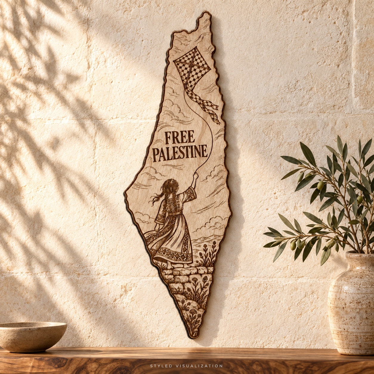 Styled visualization of the Palestine map artwork in a sunlit stone entryway with an olive-wood console and ceramic vase of olive branches.