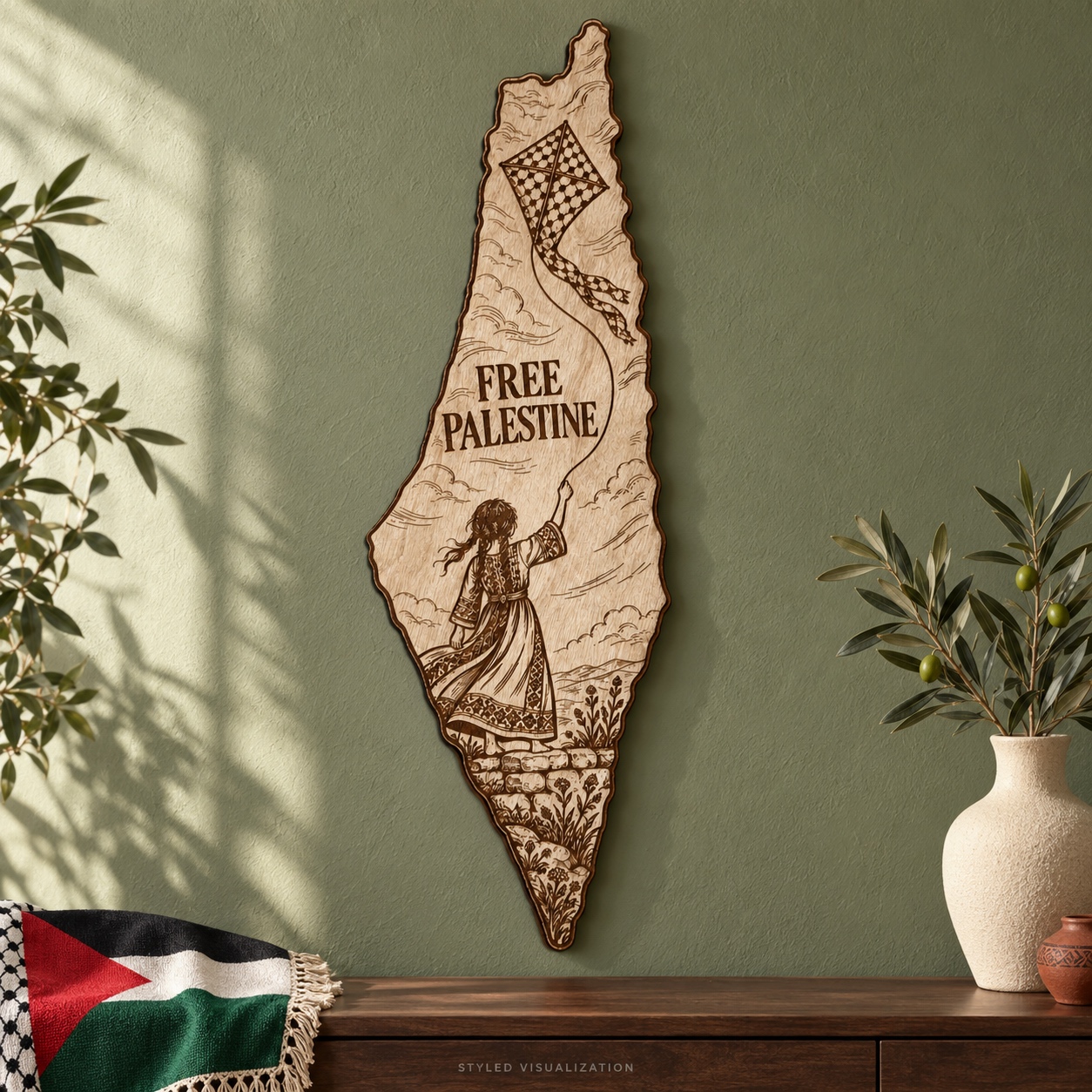 Styled visualization of the Free Palestine artwork on a sage-green wall above a walnut console, with a Palestinian flag textile and olive branches.
